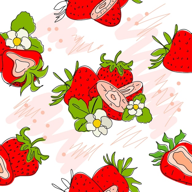 Fresh strawberries, red berries, leaves, fruits, juice, splash, juicy spray seamless pattern doodle