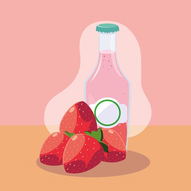 Fragole fresche con una bottiglia di succo naturale