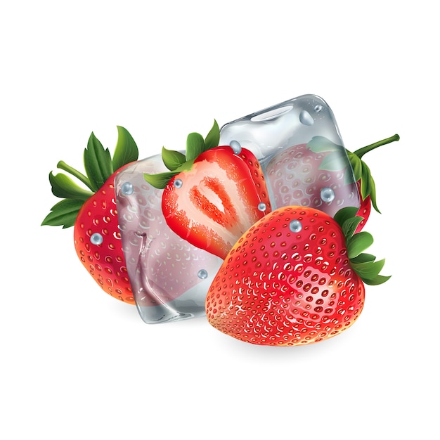 Vettore fragole fresche con cubetti di ghiaccio e gocce d'acqua