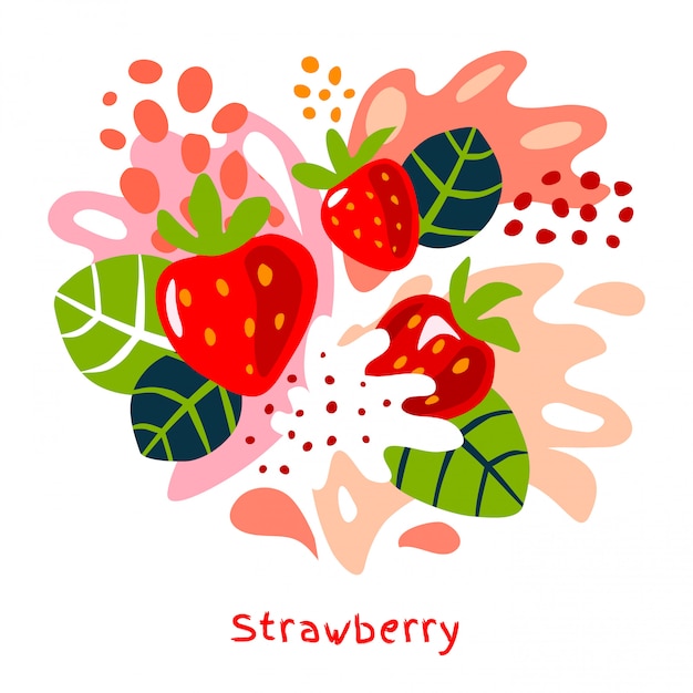 Fresh strawberry berry berries fruits juice splash organic food juicy splatter strawberries on abstract background   hand drawn illustrations