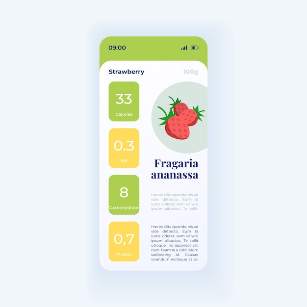 新鮮なイチゴの栄養スマートフォンインターフェイスベクトルテンプレート。モバイルアプリページの白いデザインのレイアウト。食品のカロリー計算画面。アプリケーションのフラットUI。食事の材料。電話ディスプレイ