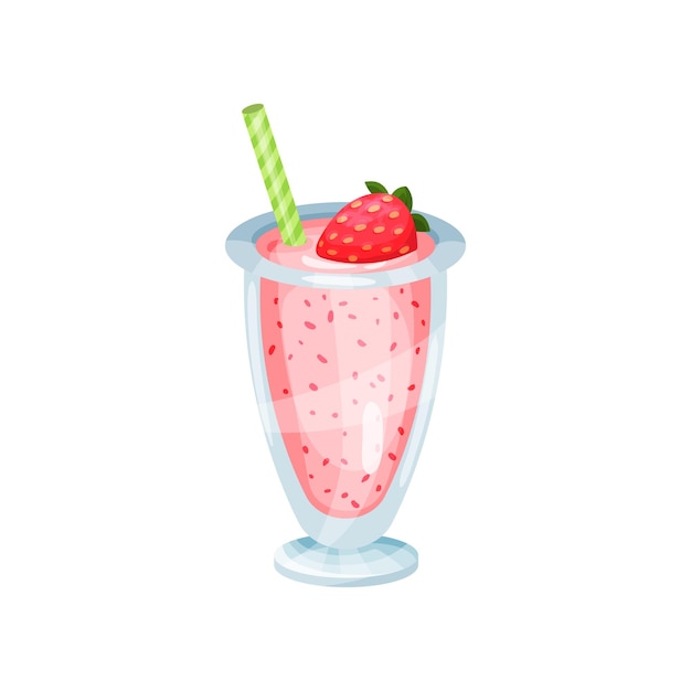 Fresh strawberry smoothie healthy food for breakfast in glass cartoon vector Illustration on a white background