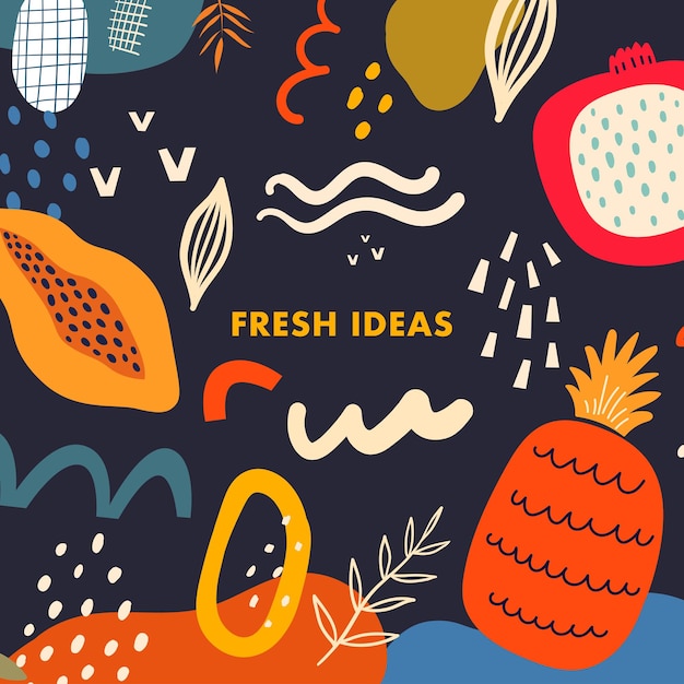 Fresh stylish template with abstract elements, doodles and fruits.