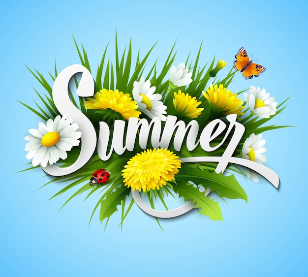 Vector fresh summer background with grass, dandelions and daisies