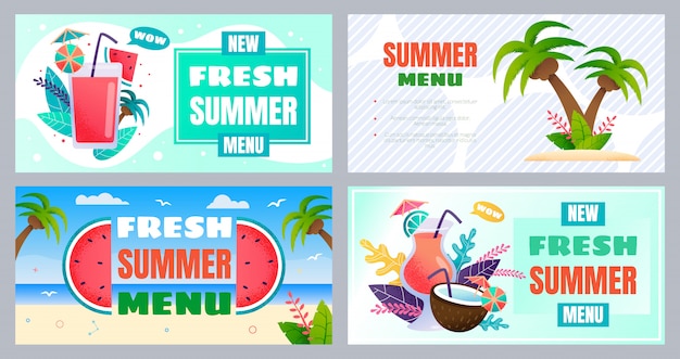 벡터 신선한 여름 해변 바 메뉴 광고 배너 세트