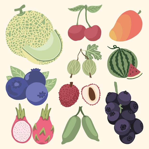 Fresh summer fruits cute hand drawn illustration set