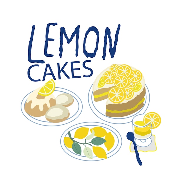 Вектор Свежие летние лимонные напитки с мятным векторным набором плоского лимонного торта и выпечки