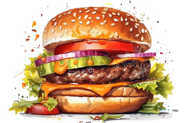 Vector fresh tasty burger watercolor hand drawn illustration isolated on white background