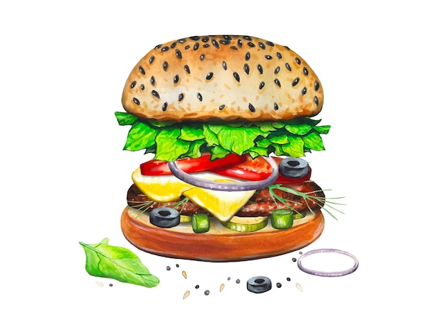 Hamburger fresco e gustoso con patatine fritte illustrazione ad acquerello