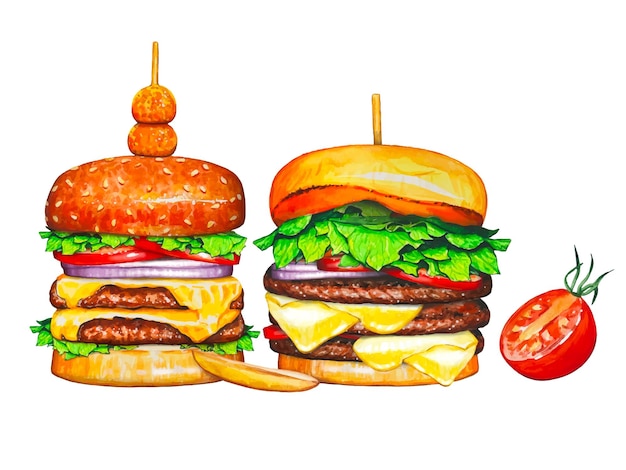 Fresh tasty burgers with tomato watercolor