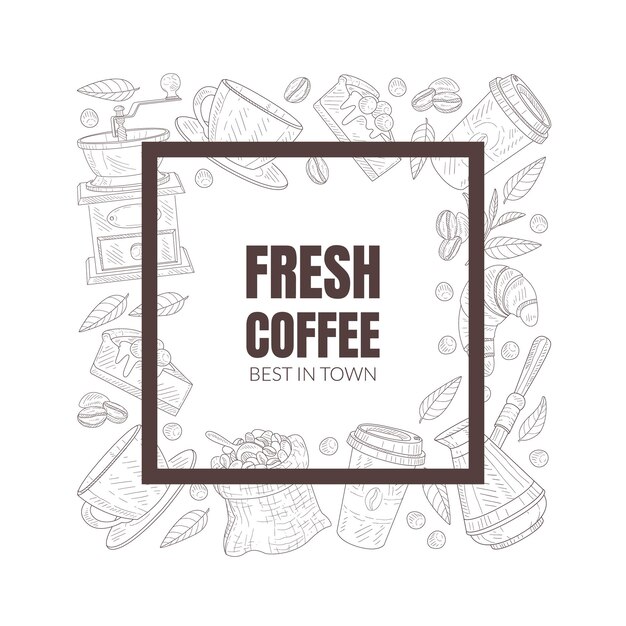 Fresh and tasty coffee shop symbols arranged along the square lines