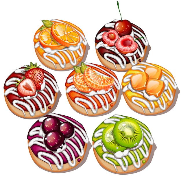 Vector fresh tasty donuts on white background, top view