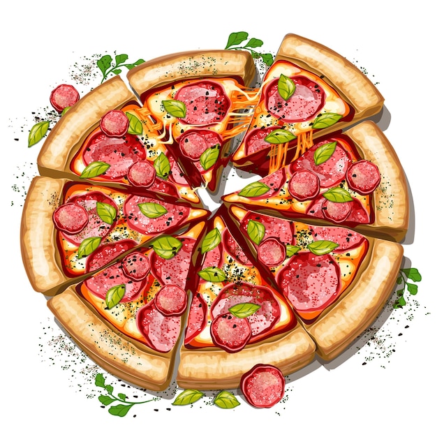 Vector fresh tasty pizza on white background, top view