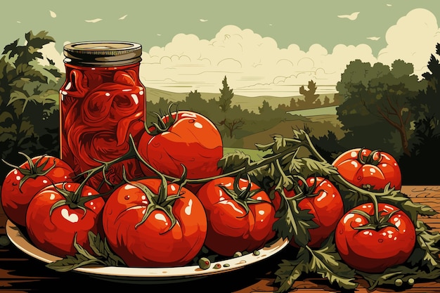 Вектор Свежий томатный соус или кетчуп в стеклянной банку эскиз векторная иллюстрация, изолированная на белом