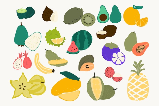 Fresh tropical fruit slices cute sticker set illustration