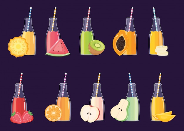 Vector fresh and tropical juices fruits in botttles with straws