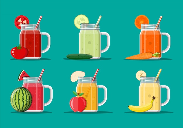 Vector fresh vegetable and fruit juice set.