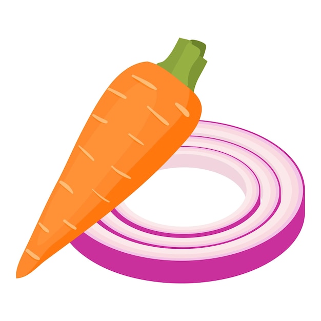 Вектор Иконка свежих овощей изометрический вектор целая сырая морковь и значок кольца красного лука концепция питания здоровое питание