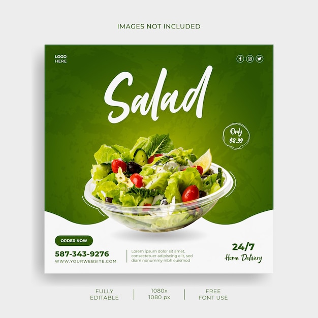 신선한 야채 샐러드와 음식 메뉴 레스토랑 소셜 미디어 배너 템플릿 Premium 벡터