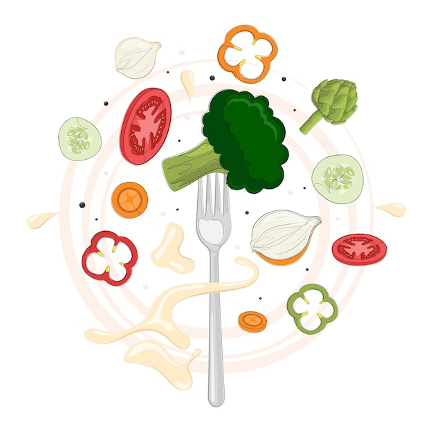 Vector fresh vegetables and fork with broccoli