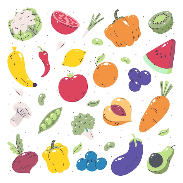 Fresh Vegetables and Fruits Icon Set