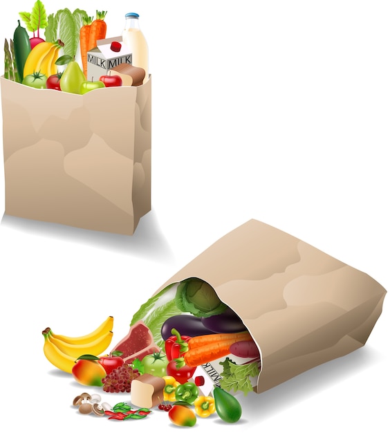 Fresh vegetables and fruits in a paper bag