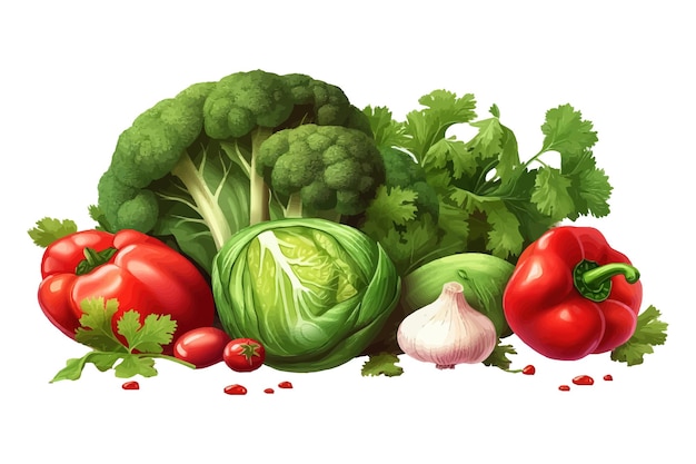 背景に分離された新鮮な野菜健康的な天然ビタミン食品成分漫画のベクトル図