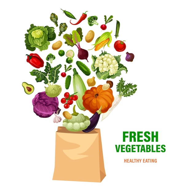 Vector fresh vegetables and shopping bag healthy eating