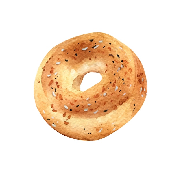 Fresh whole bagel with sesame watercolor illustration isolated on white background Hand drawn breakfast bread for bakery Painted bagel Element for design signage cookbook wrapping packaging