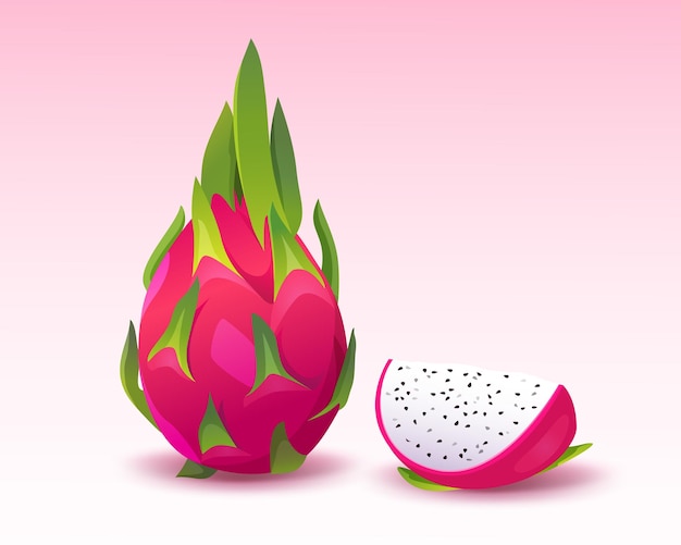 Fresh whole and cut a slice of dragon fruits pitaya isolated on white background