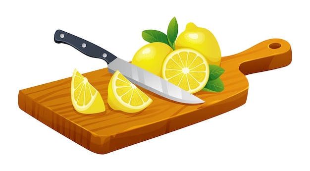 Vector fresh whole half and cut slices lemon with knife on cutting board vector cartoon illustration