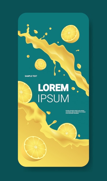 Vector fresh yellow lemon juice liquid splash realistic splashes healthy fruits splashing waves smartphone screen mobile app vertical copy space