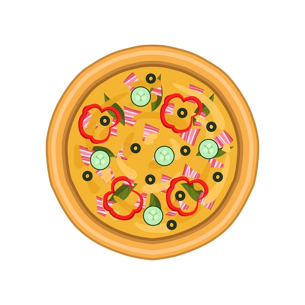 Freshly baked pizza with salami cucumber ham pepper and olives top view vector Illustration isolated on a white background