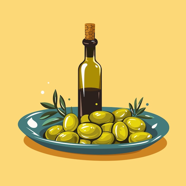 Vettore illustrazione vettoriale della bottiglia di olio d'oliva appena spremuto e delle olive icona olio d'oliva