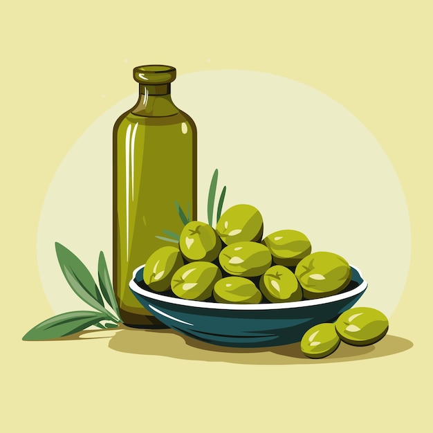 Freshly pressed olive oil bottle and olives vector illustration Olive oil icon