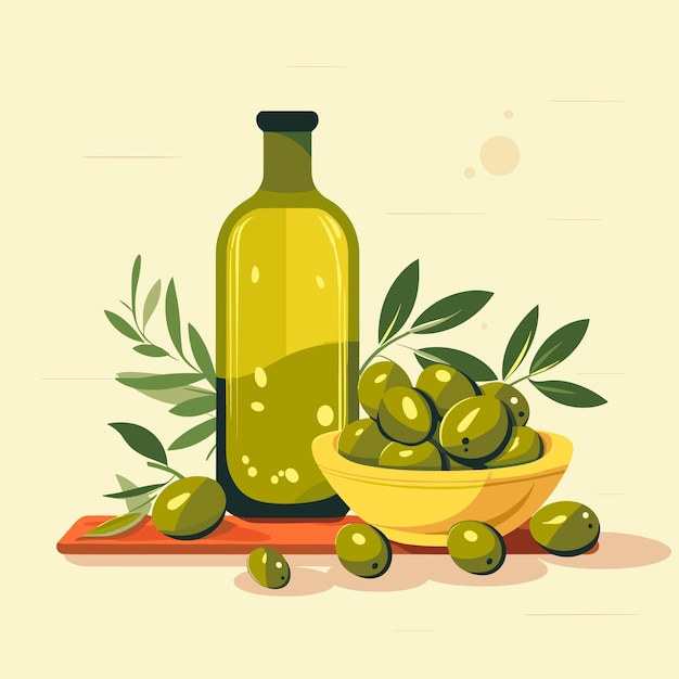 Vettore illustrazione vettoriale della bottiglia di olio d'oliva appena spremuto e delle olive icona olio d'oliva