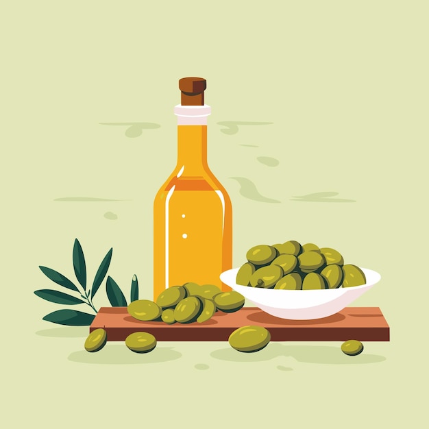 Vettore illustrazione vettoriale della bottiglia di olio d'oliva appena spremuto e delle olive icona olio d'oliva