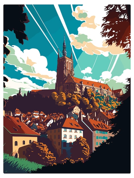 Vector fribourg zwitserland vintage reisposter souvenir postkaart portret schilderij wpa illustratie