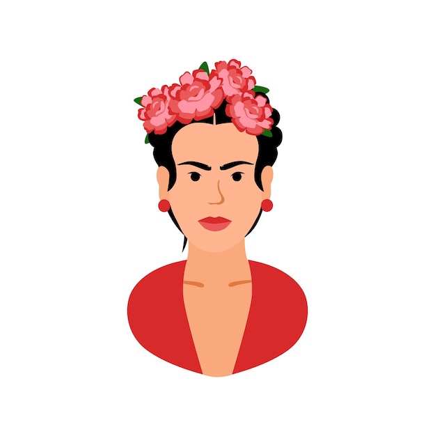 Vector frida kahlo gestileerd portret van frida met bloemen in het haar