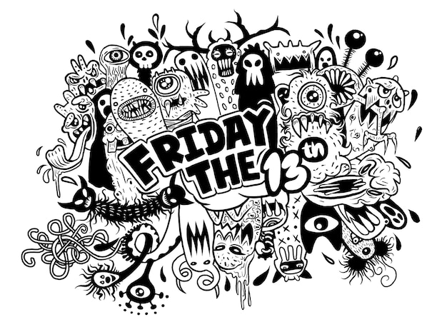 friday 13 grunge illustration with doodle ghost background