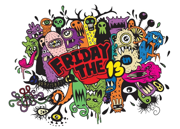 friday 13 grunge illustration with doodle ghost background