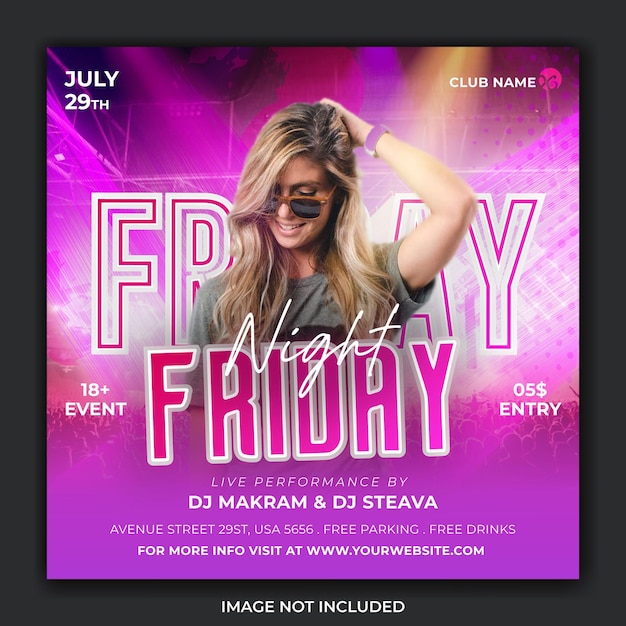 Vector friday dj club night party flyer social media post or social web banner template