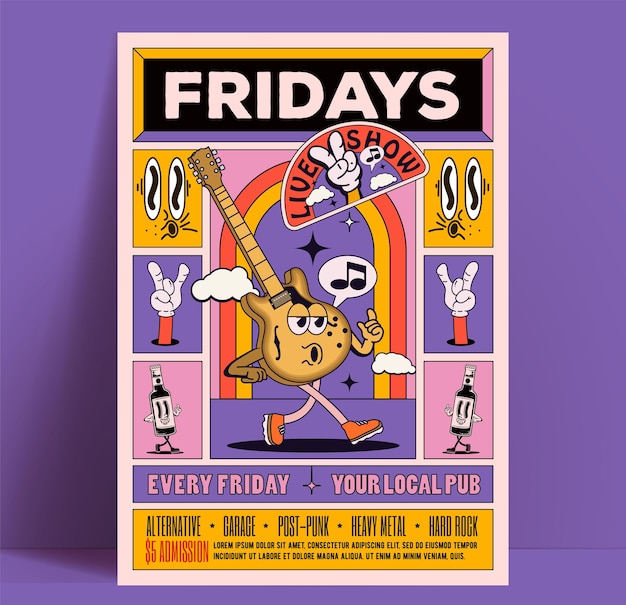 Vector friday live music party show or concert poster or flyer design template with walking cartoon guitar