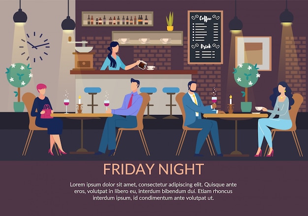 Vector friday night template and couples on romantic dinner