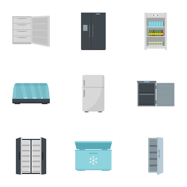 Fridge icon set. Flat set of 9 fridge vector icons