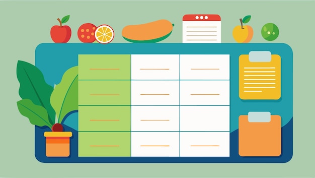 Vettore un magneto del frigorifero per la pianificazione dei pasti con spazio per ogni giorno della settimana e una sezione della lista della spesa che aiuta