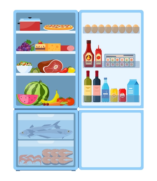 Fridge Open refrigerator Blue fridge with healthy food water meet vegetables fruits