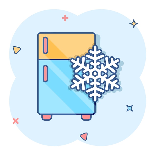 Fridge refrigerator icon in comic style Freezer container vector cartoon illustration pictogram Fridge business concept splash effect