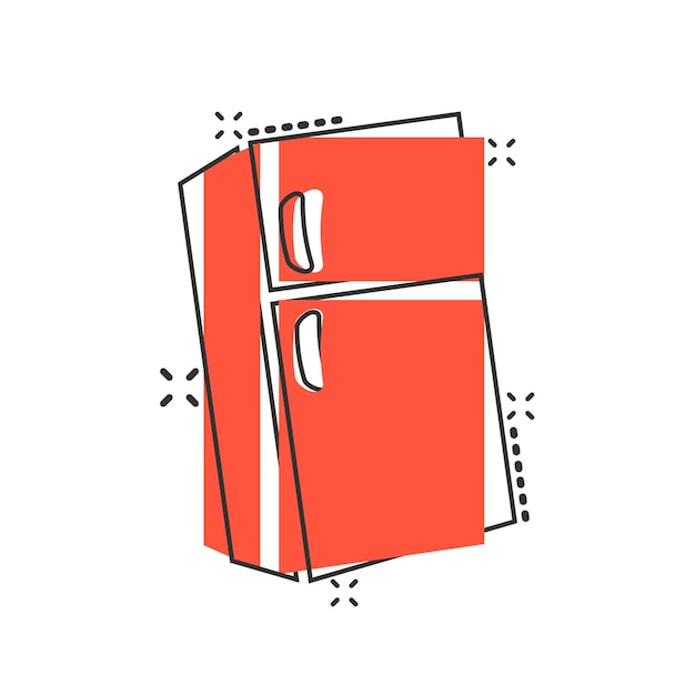コミック スタイルの冷蔵庫冷蔵庫アイコン冷凍庫コンテナー ベクトル漫画イラスト ピクトグラム冷蔵庫ビジネス コンセプト スプラッシュ効果