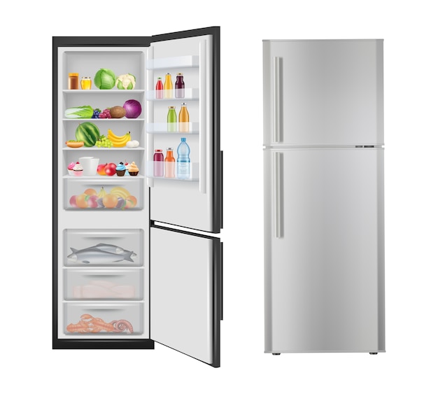 Frigo con il cibo. apertura del frigorifero realistico con prodotti freschi e sani elettrodomestici moderni elettrici. frigorifero di illustrazione e frigorifero con il cibo